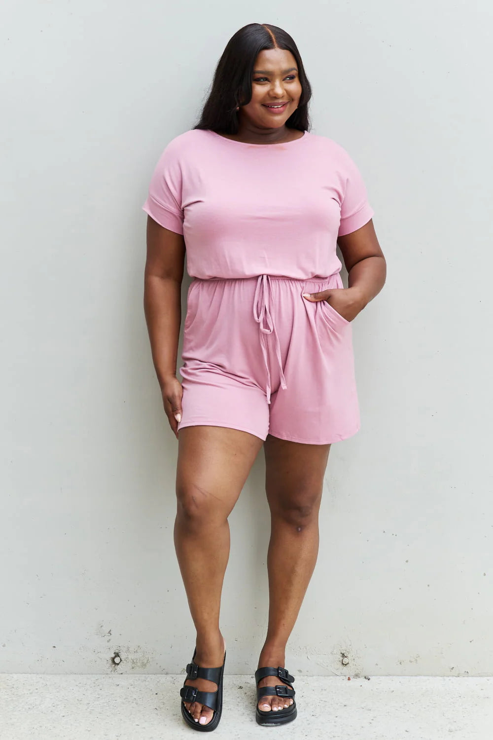 Full Size Short Sleeve Romper in Light Carnation Pink